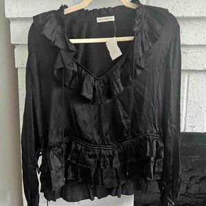 NWT Ulla Johnson Black Maisie Silk Ruffle Peasant Blouse